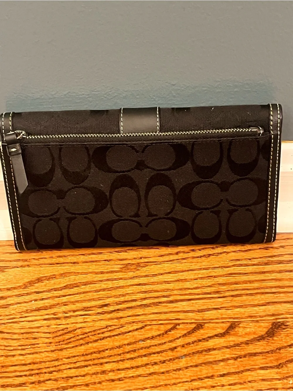 Coach Black Logo Continental Wallet with White Stitching